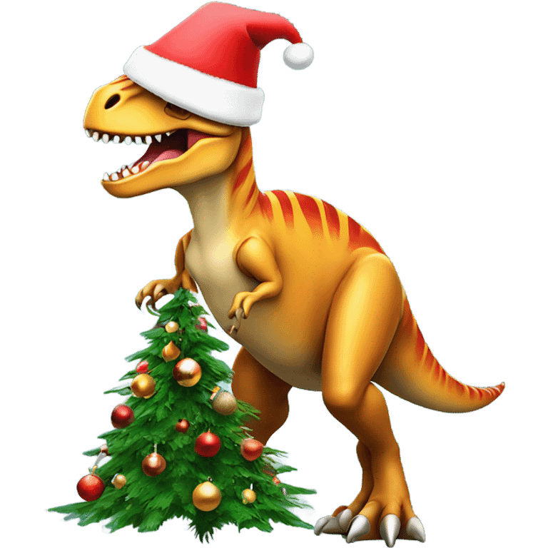 T. rex wearing a Santa hat decorating a Christmas tree emoji