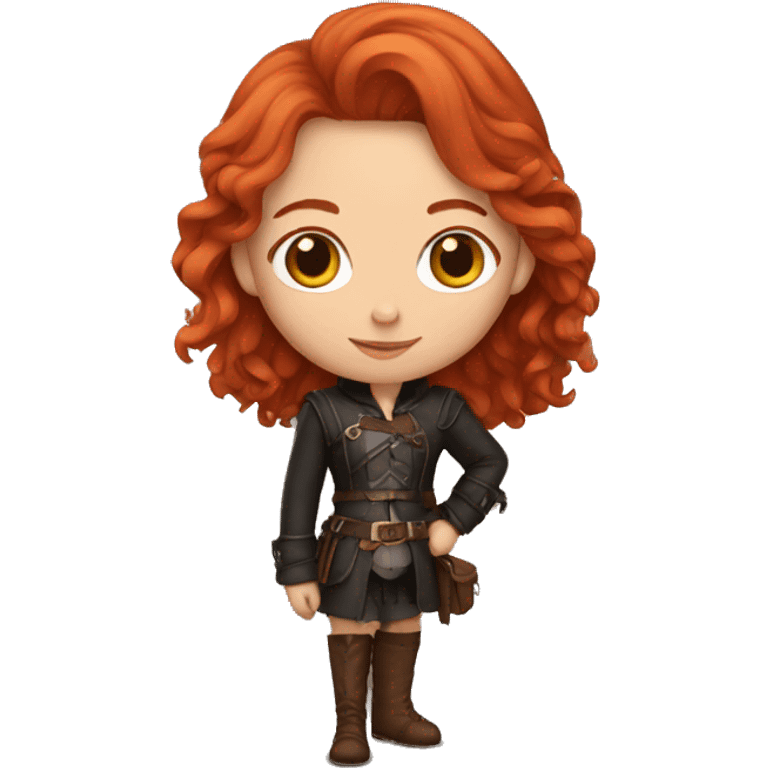 red-haired girl in leather holding a Cavalier emoji