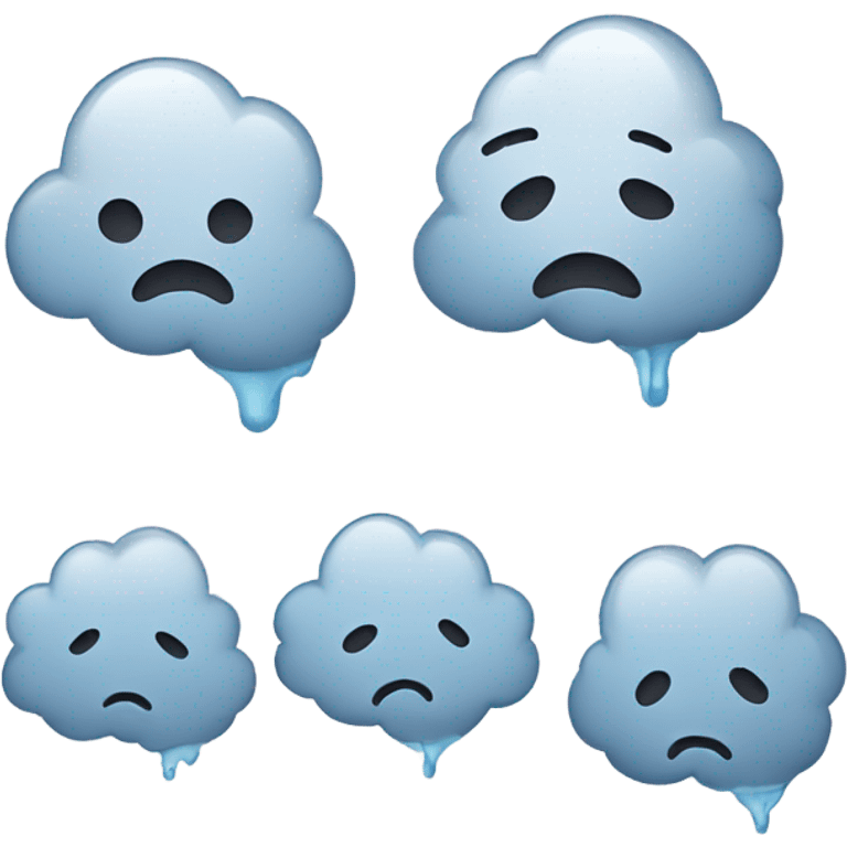 Minimalist depression-themed emoji set with a sad face, rain cloud, broken heart, teardrop, and neutral face with thought bubble in muted gray and blue tones on white. emoji