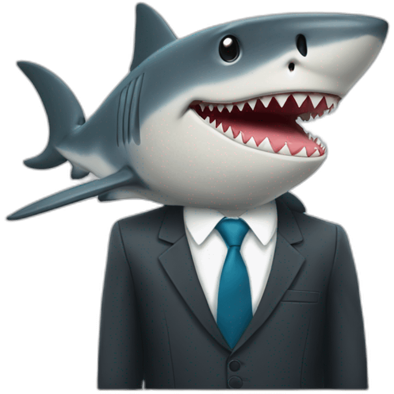 A shark sitting on a table wearing a suit looking straight emoji