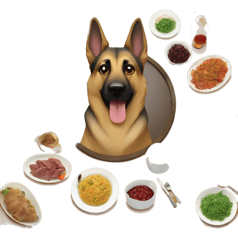 German Shepard w feast in front of him on the table  emoji