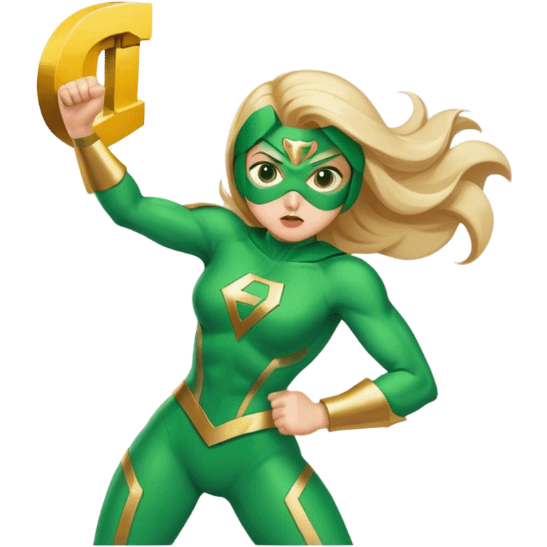 Superheroina vestida con traje verde luchando contra la mierda con información I emoji