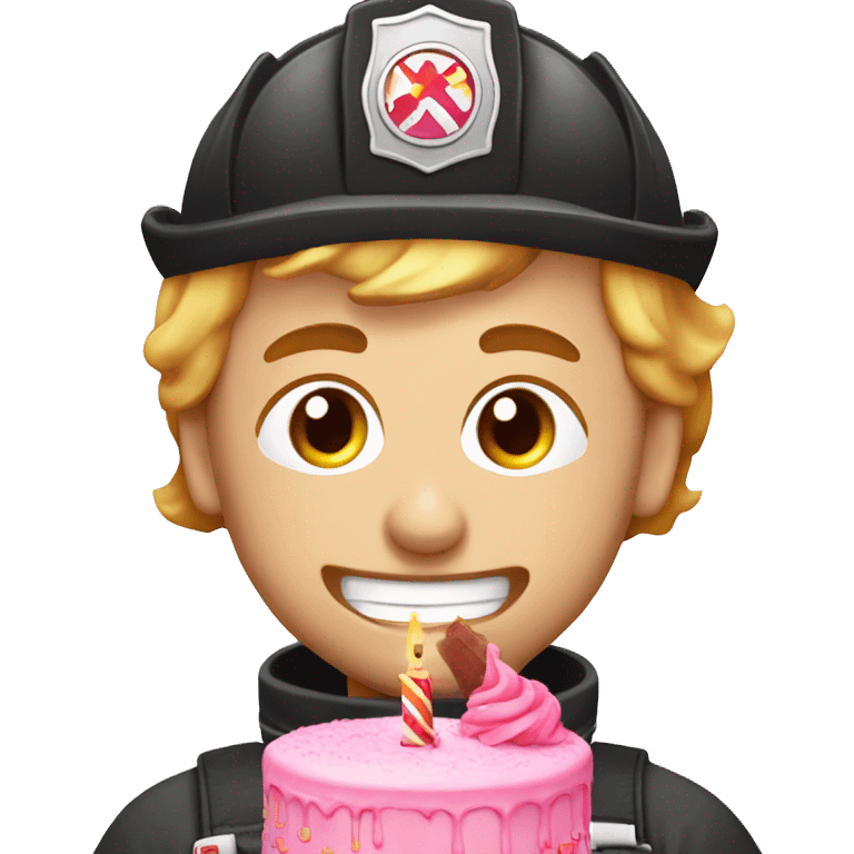 Caucasion male Firefighter eating pink birthday cake emoji