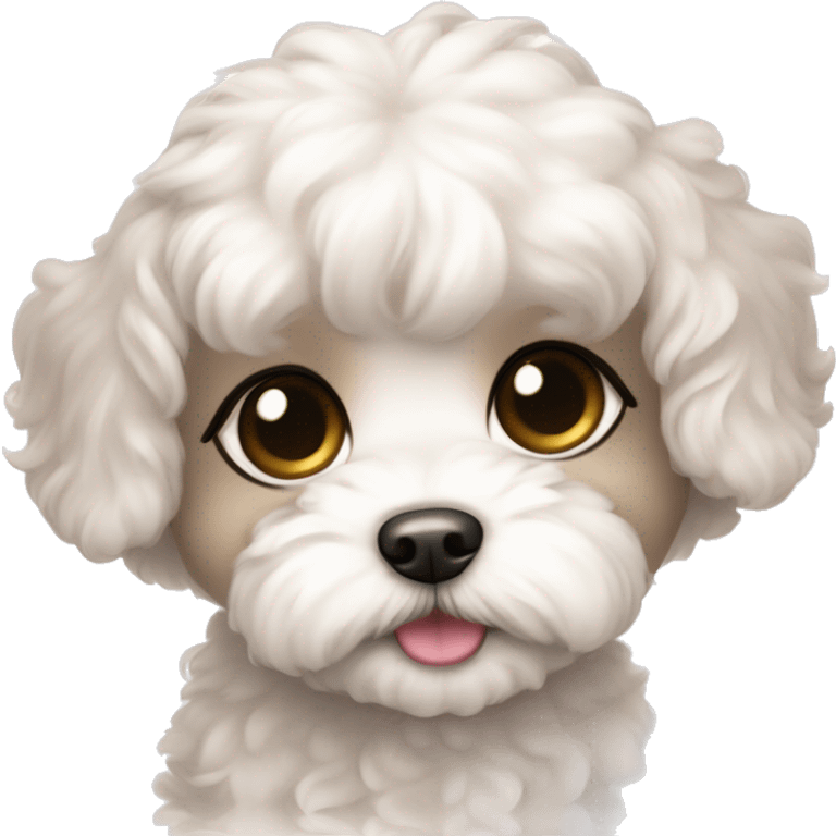 A white Shih-Poo puppy in a chibi style with big eyes and a cute smile, with pink hearts around her. emoji