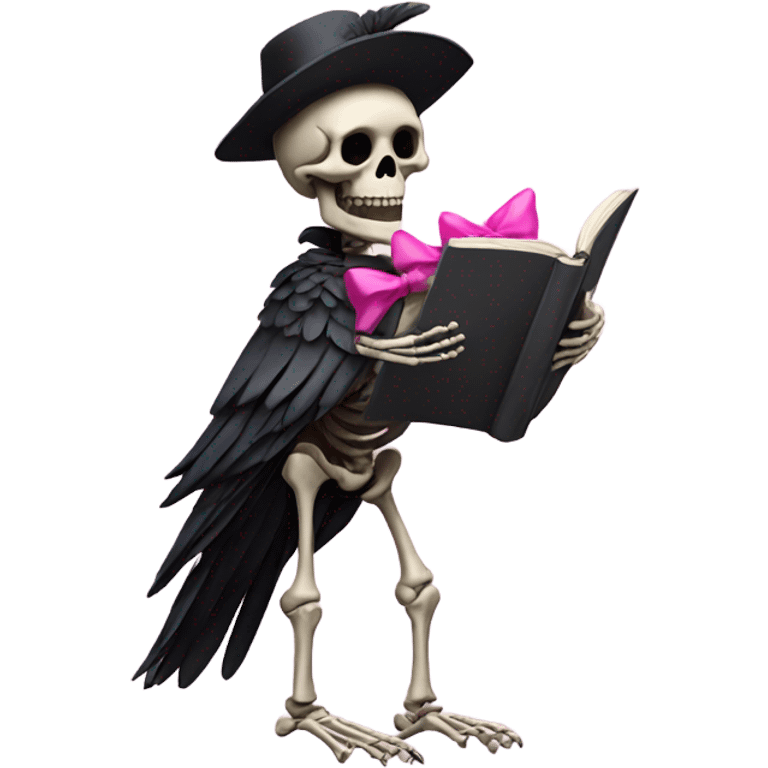 Skeleton reading with the pink bow and a raven emoji