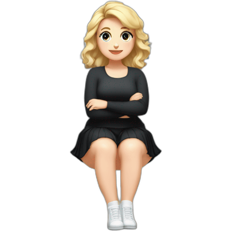 Front view full body curvy caucasian beauty sitting on the floor straight hands up black skirt white knickers white socks emoji