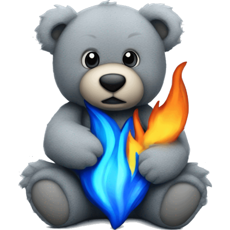 realistic-Daring-grey-teddy-bear-hugging-blue-flame emoji