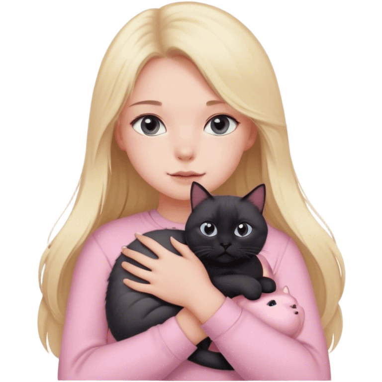 girl with blond long hair, grey eyes and fair skin in pink pastel clothes holds a black British cat in her arms emoji