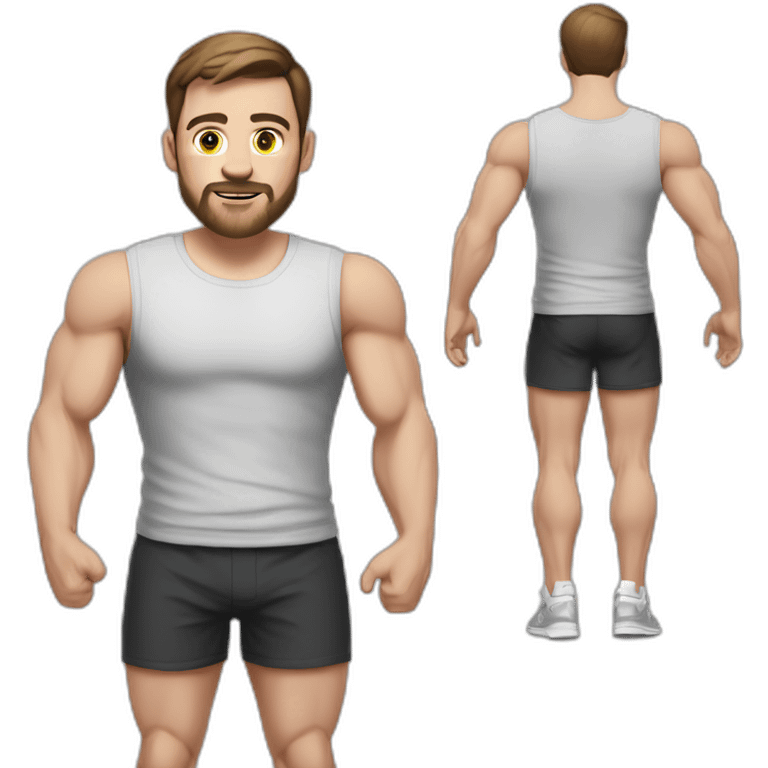 Full height realistic Actively gesturing with hands Pale skinned Fit Man With the biceps and brown hair in dark gray Sleeveless Mike, black oversize sports shorts, watch and white Sneakers emoji