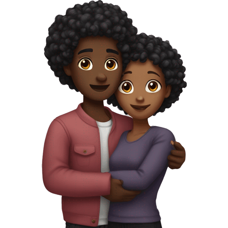 Black girl with curly dark pink hair and brown boy with short black hair hugging  emoji