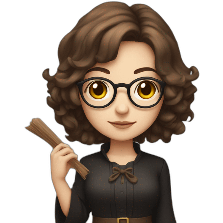 Chibi librarian witch with shoulder-length brown hair and glasses emoji