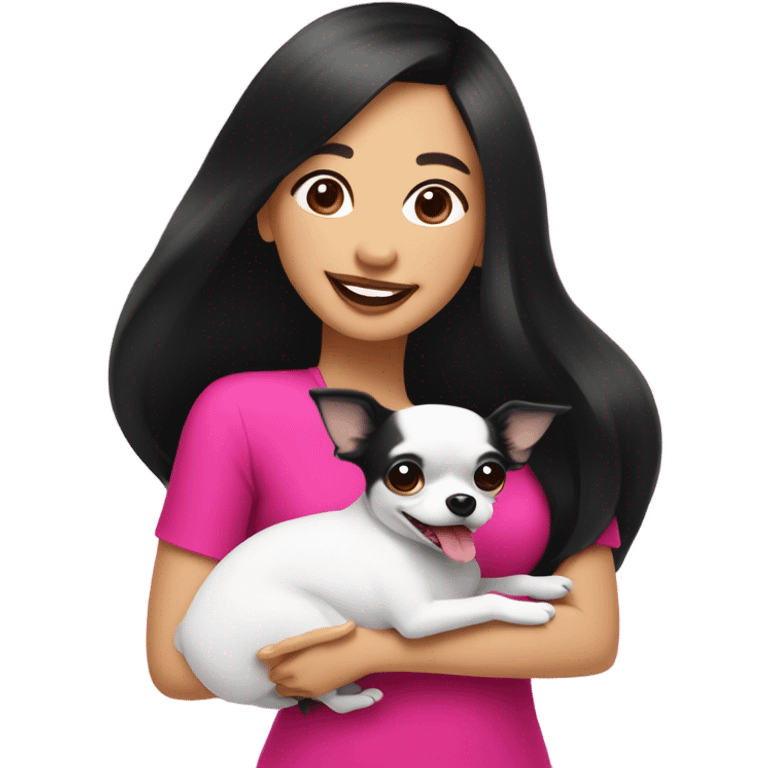 Thick medium black hair with hot pink lips and pink cheek smiling mature Filipino lady hugging black and white Chihuahua  emoji