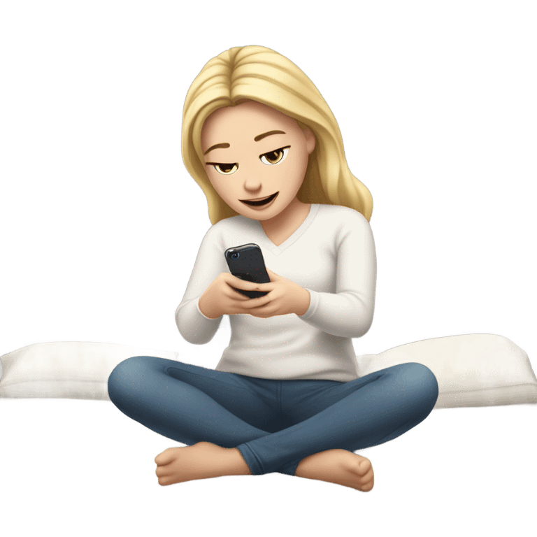 White girl in her room on her bed watching her iPhone 14  emoji