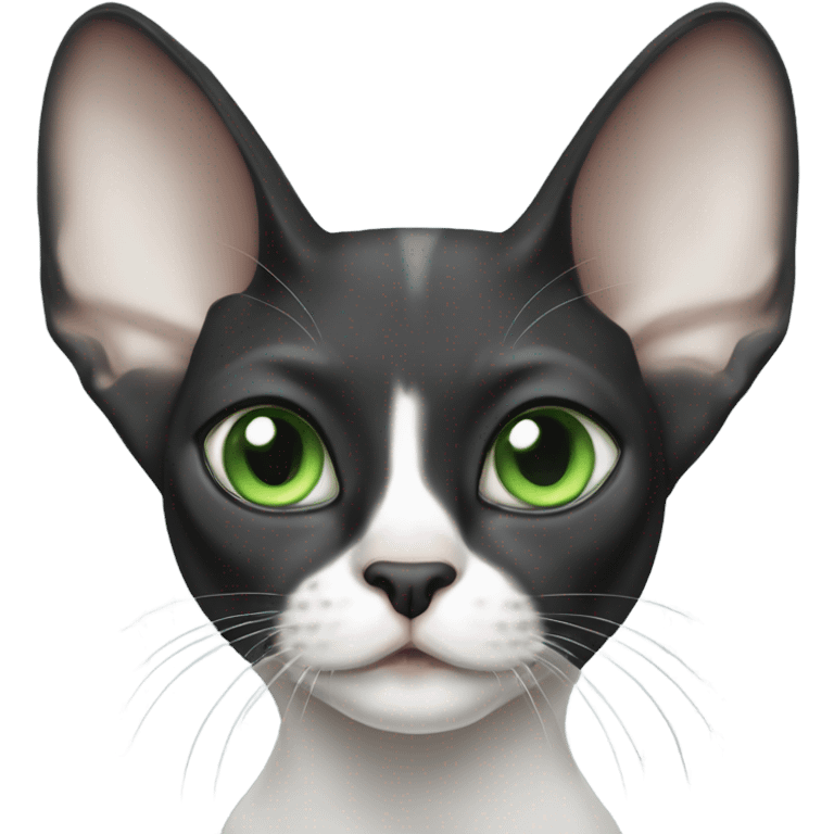 black and white sphinx cat with green eyes and a white spot on the mouth  emoji