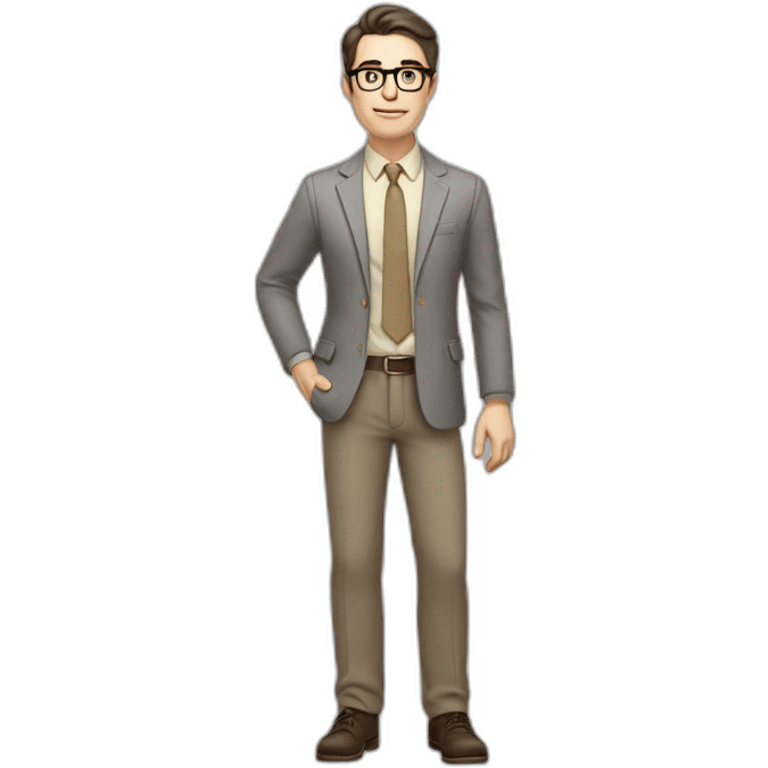 Full height Actively Gesturing Pale skinned fit man with dark brown hair in gray jacket, beige office shirt, brown tie, brown pants and vintage glasses. emoji