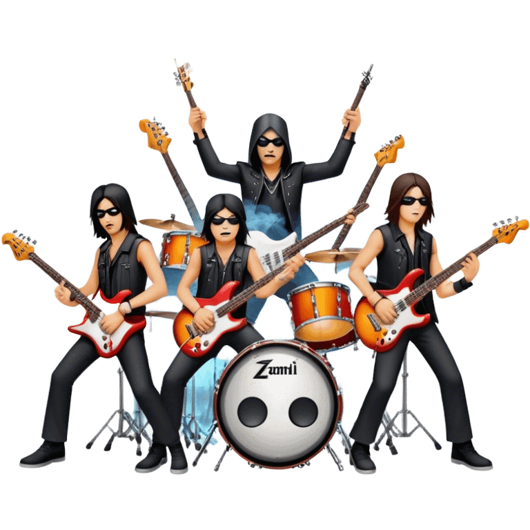 Icon for Metal Music: metal band on stage with 4 musicians playing electric guitars, bass, and drums. The atmosphere is intense, with flashing lights, smoke, and energetic stage presence. The vibe is powerful and electric. Transparent background. emoji