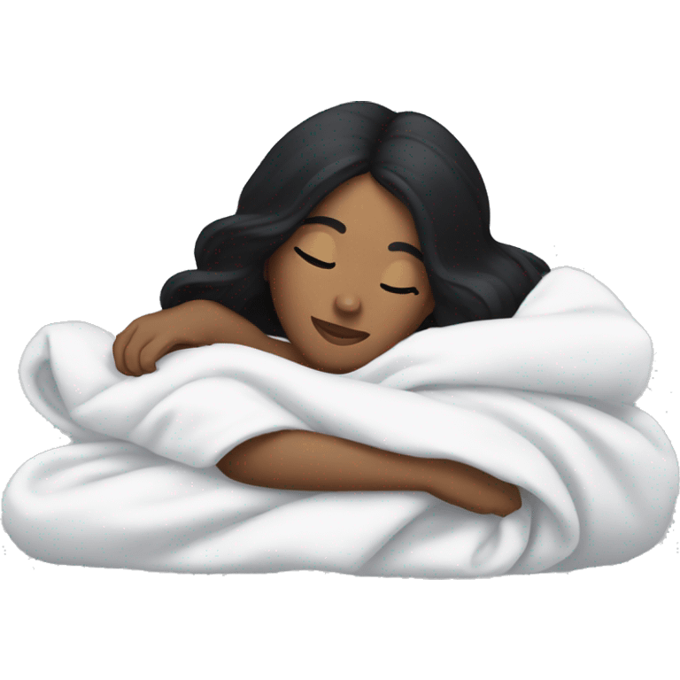 Woman with black hair  laying down cozy in a white blanket  emoji