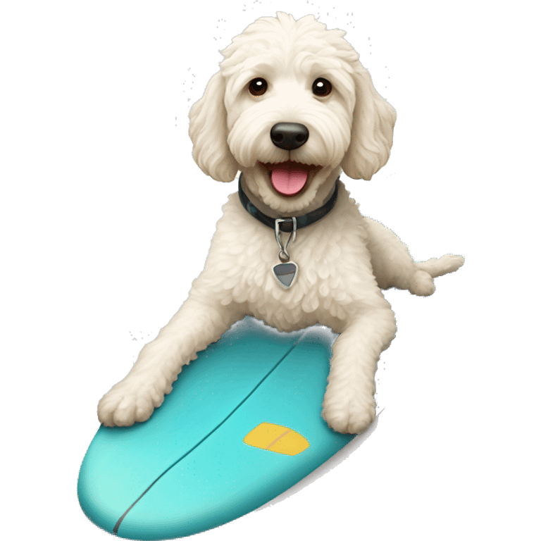 White labradoodle on a surfboard emoji