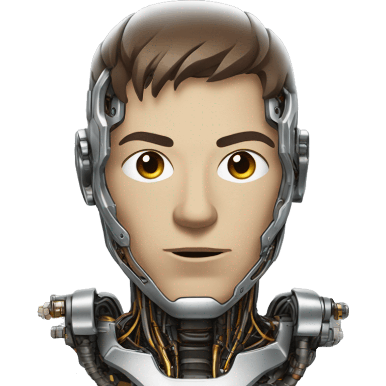 Male cyborg head with metallic plated face, short brown hair and circuitry emoji