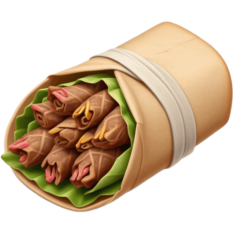 Gyros Cinematic Realistic Gyros Dish Emoji, depicted as succulent, spiced meat wrapped in paper for easy handling, rendered with lifelike textures and dynamic, warm lighting. emoji