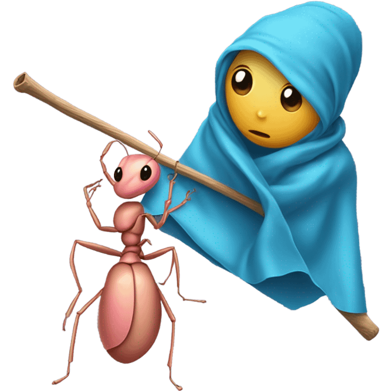 Sad looking Pink tan colored Ant carrying a cerulean cloth sack bag attached to a stick  emoji