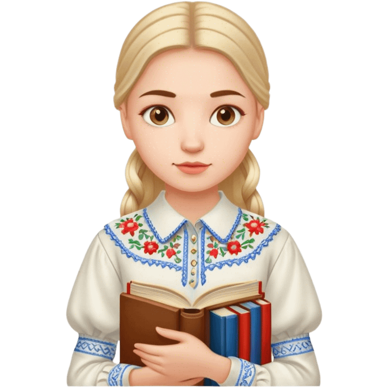 A Ukrainian girl in an embroidered shirt holds many books emoji