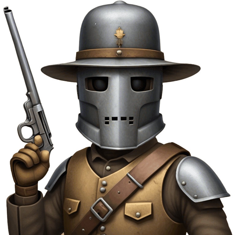 Cinematic Realistic Ned Kelly Portrait Emoji, depicted as the legendary Australian bushranger in his iconic homemade iron helmet and armor, gripping a revolver with a defiant stance. The scene is rendered with gritty textures and dramatic, shadowed lighting, evoking the lawless frontier and his rebellious, fearless legacy. emoji