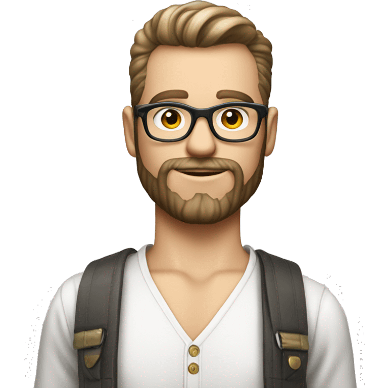 Homme blanc 20 ans avec cheveux rasé, petite barbe, chemise blanche, lunette de soleil grise prada  emoji