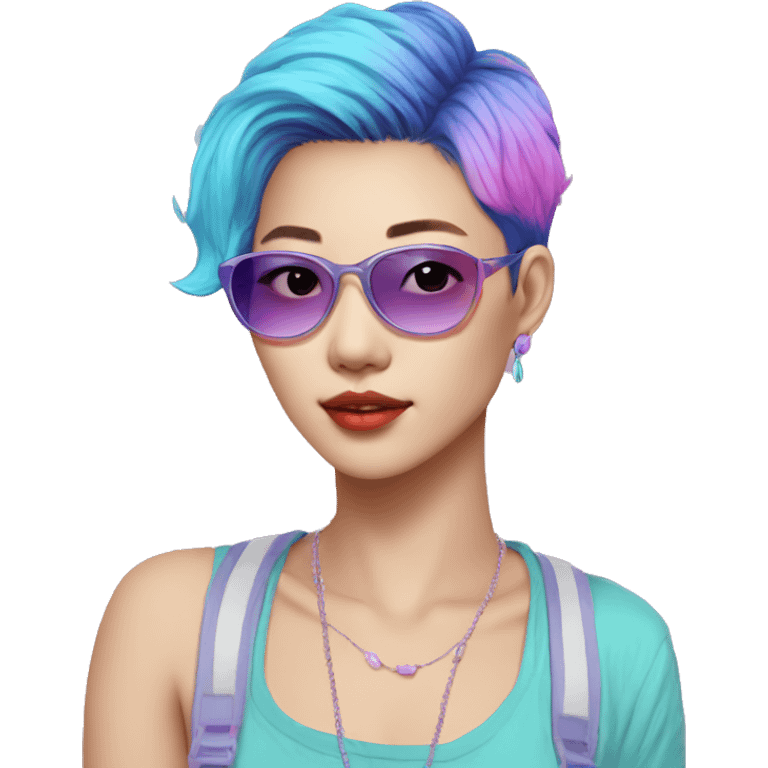 a short-haired Taiwanese lesbian as a designer with vaporwave style, without makeup, with earings, sunglasses with vaporwave image on it. emoji