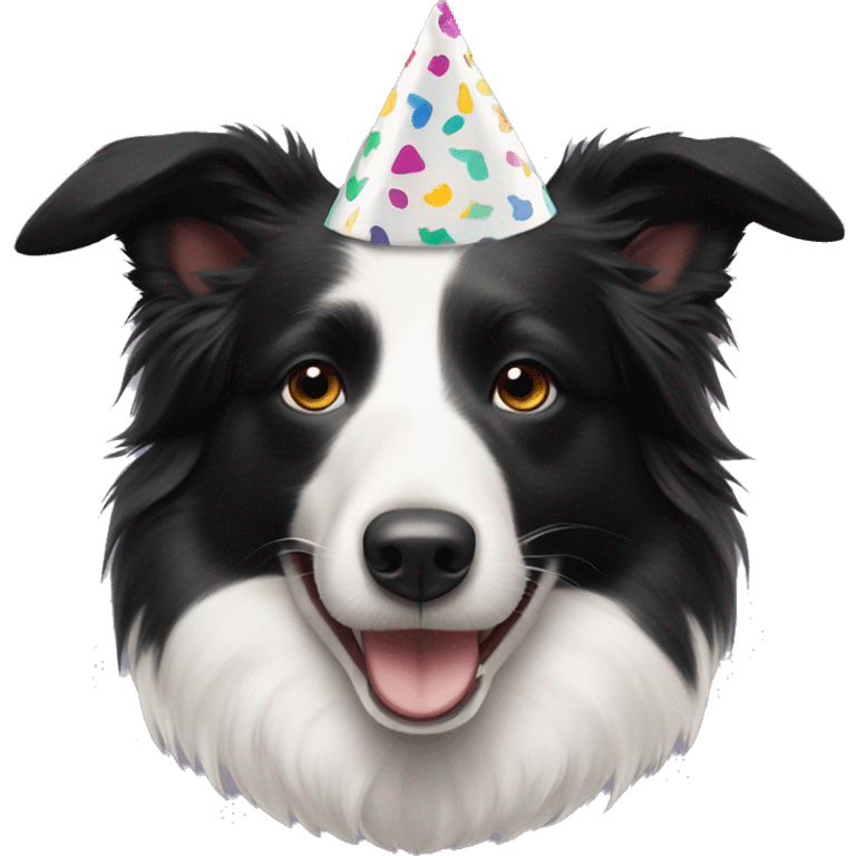  The Australian Border Collie has a face that is black on one side: and white on the other. She is wearing a party hat. emoji