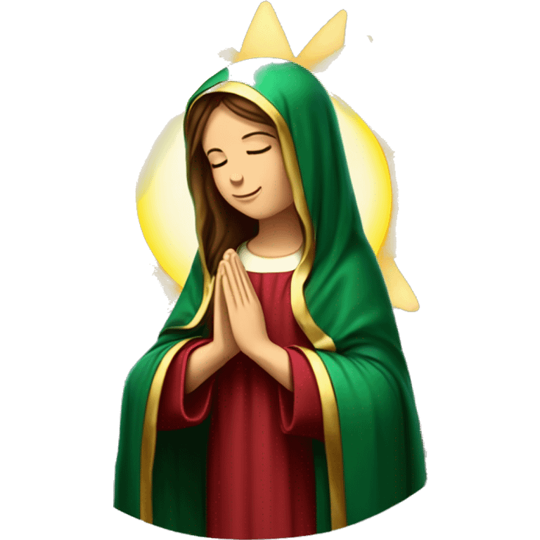 Virgin Mary: kind face looking down at the left, long brown hair, Wearing an emerald green  robe with gold stars and a burgundy red dress,  Hands in prayer or blessing. Halo around her head. standing in front of a big sun. colorful roses on the sides  emoji