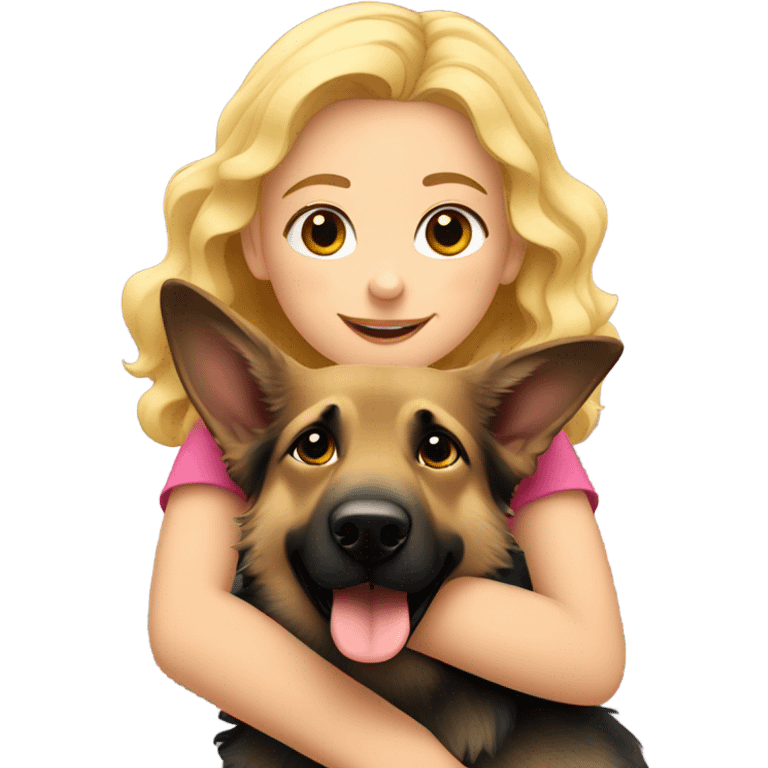 blonde curly girl hugs german shepherd dog emoji