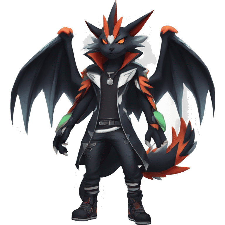 Cool Anthro Black Noivern-Absol-Litten-Pokémon with edgy stripes hoodie spiked collar punk Full Body emoji