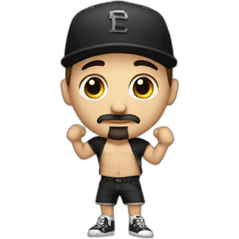 white man with black goatee, cross earring, cap and short shorts, dancing emoji