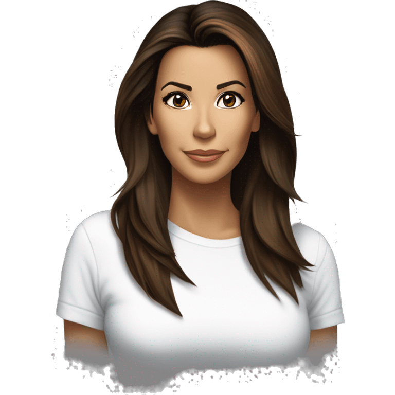 3/4 face, contrasted, shadow, light, Eva Longoria expression, standing from a distance, thin nose, brunette woman, hazel eyes, long eyelashes, dark shoulder shaded hair, white t-shirt, jeans, white sneakers emoji