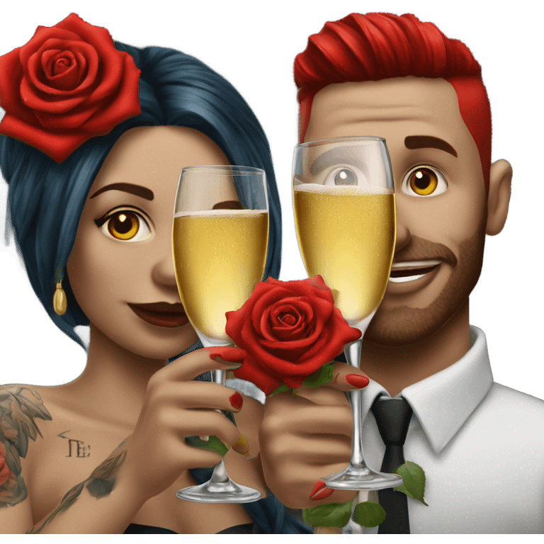 Hyper Realistic tattooed couple drinking champagne with red roses  emoji