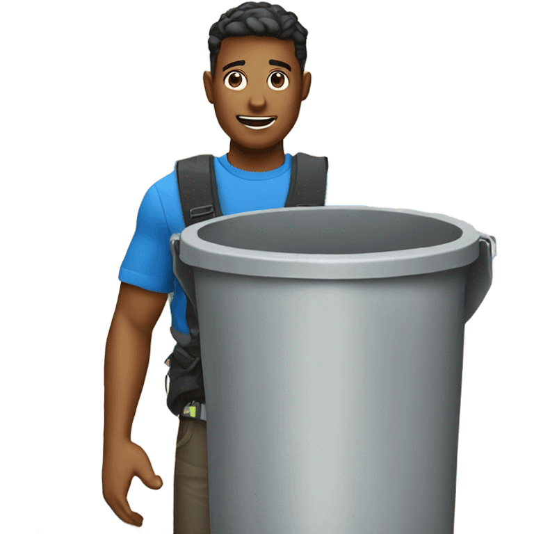 A young man with a shoulder bag is in a trash can against the background of a map. emoji