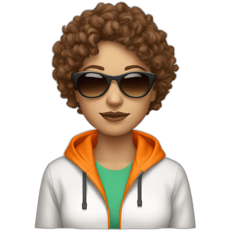 generate a brown curly hair white woman with sunglasses, she wear a orange tracksuit  emoji