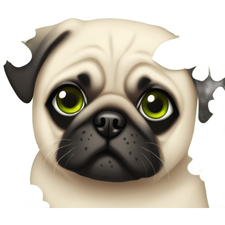 Cute Baby pug with big green eyes hiding in flowers  emoji