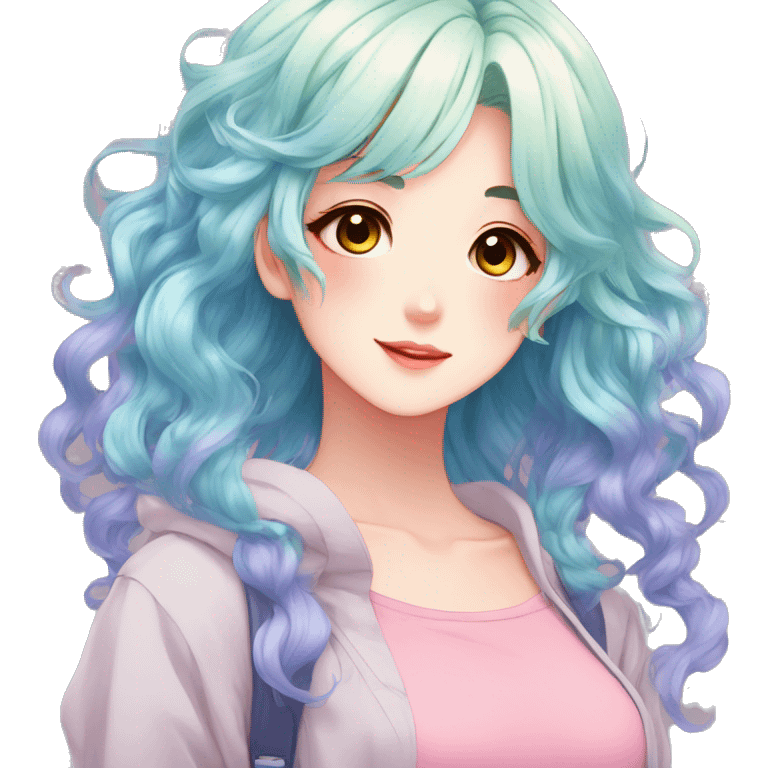 Gorgeous anime style shojo character with blushing face aesthetic and pretty colorful shiny gradient pastel hair with hair garment trending style emoji