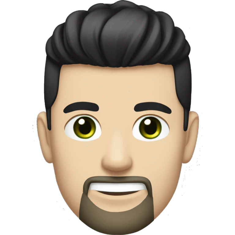 young white man with short beard and a "top knot samurai" black hair. Plain black tshirt. green eyes. neutral yet happy. emoji