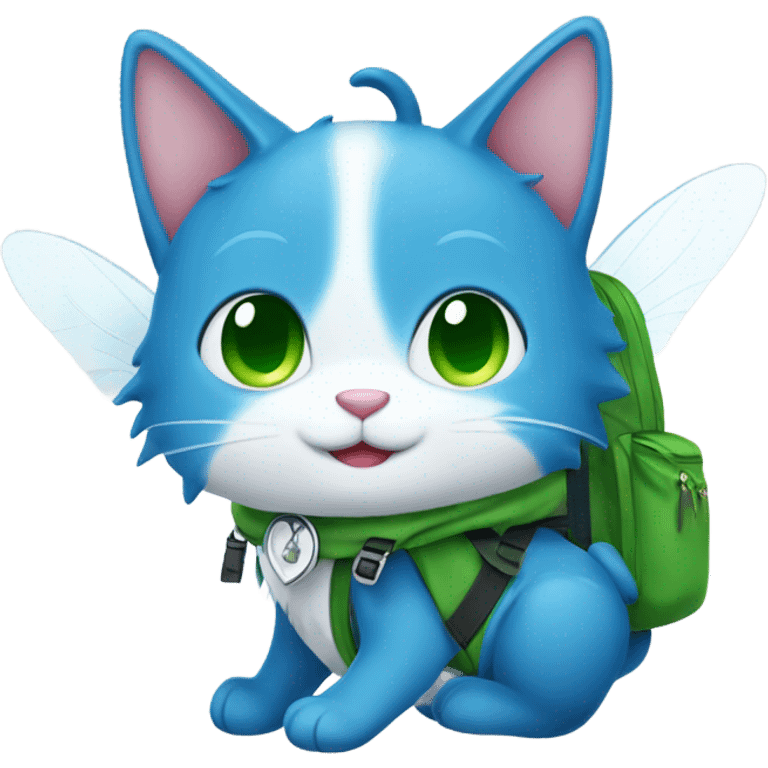 happy fairy tail blue cat with white wings and green backpack  emoji