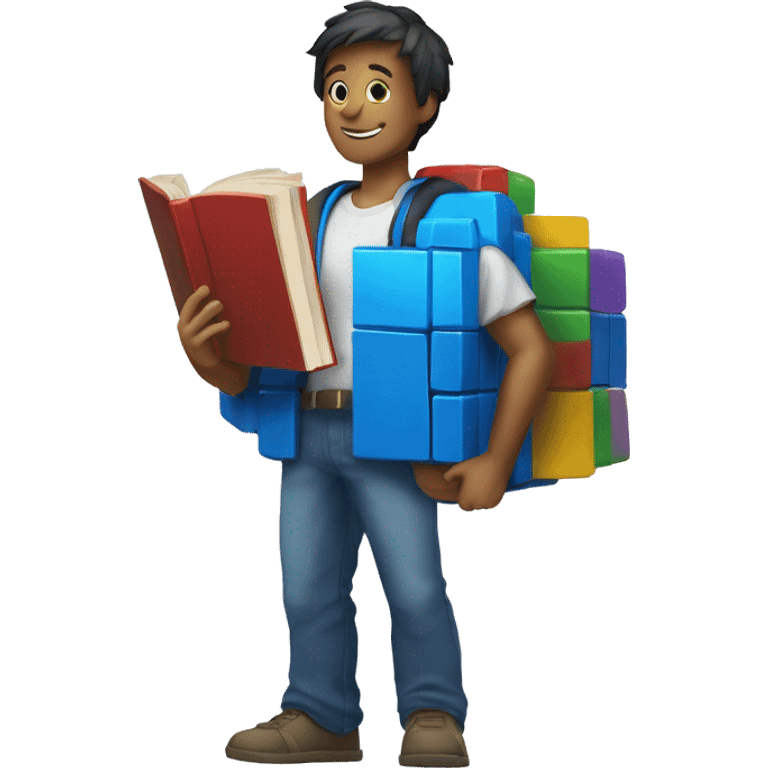 white and blue rubik's cube holding a book in his hands emoji