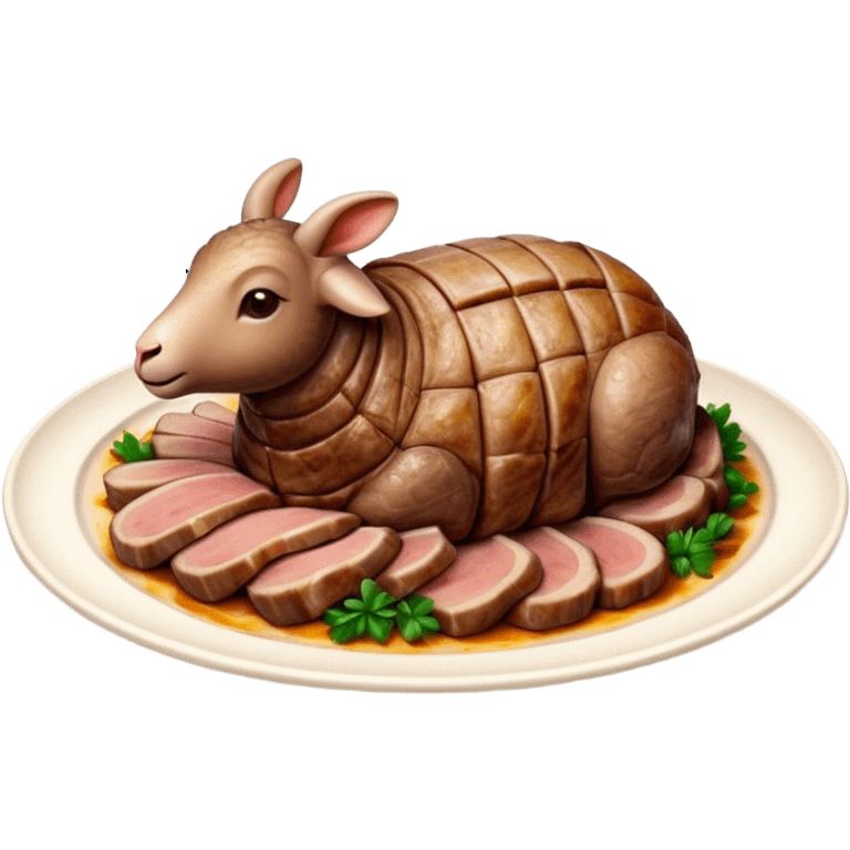 Roast Lamb Cinematic Realistic Roast Lamb Dish Emoji, depicted as thinly sliced roast lamb arranged artfully on a plate, rendered with rich textures and warm, inviting lighting. emoji