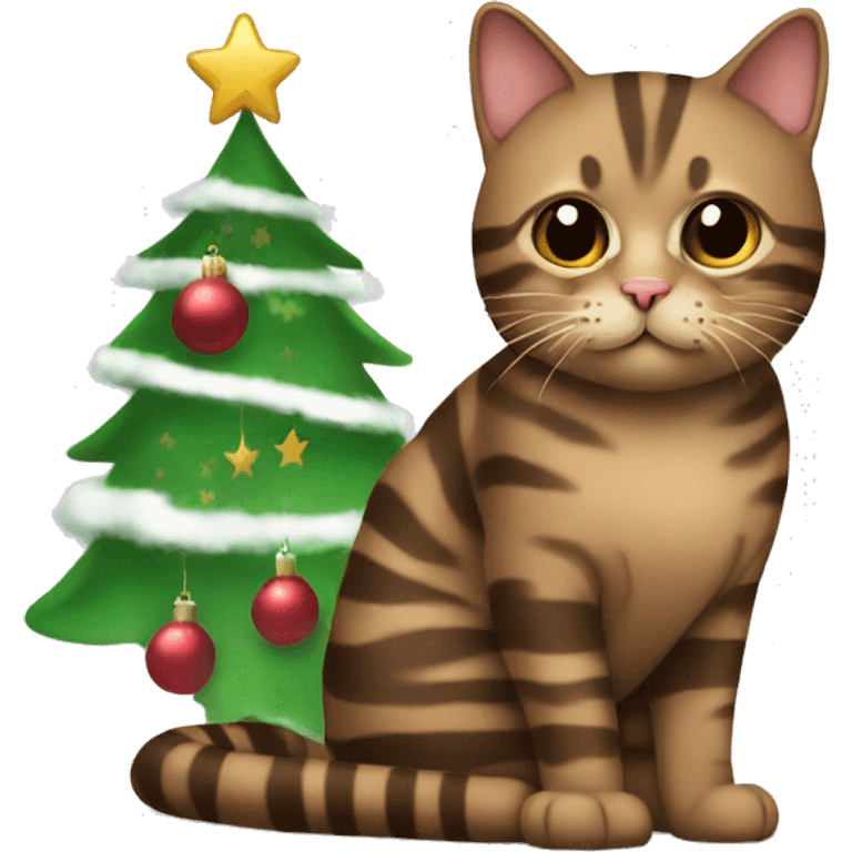 Brown striped cat sitting under a Christmas tree  emoji