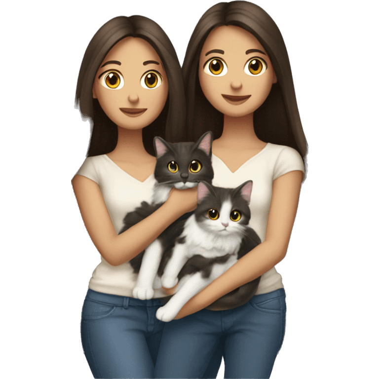 Two long hair brunettes with two cats in hands emoji