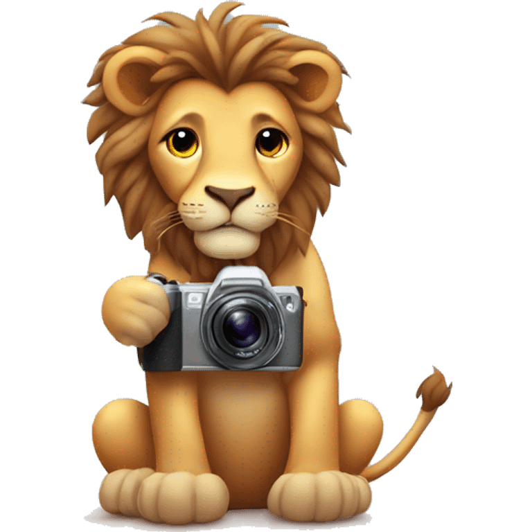 lion with cute hearts around takes pictures with digital camera emoji