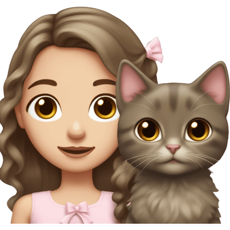 pale olive toned brunette girl with long brown wavy hair with brown eyes and wearing a light pink hair bow holding a black kitten also wearing a hair bow emoji