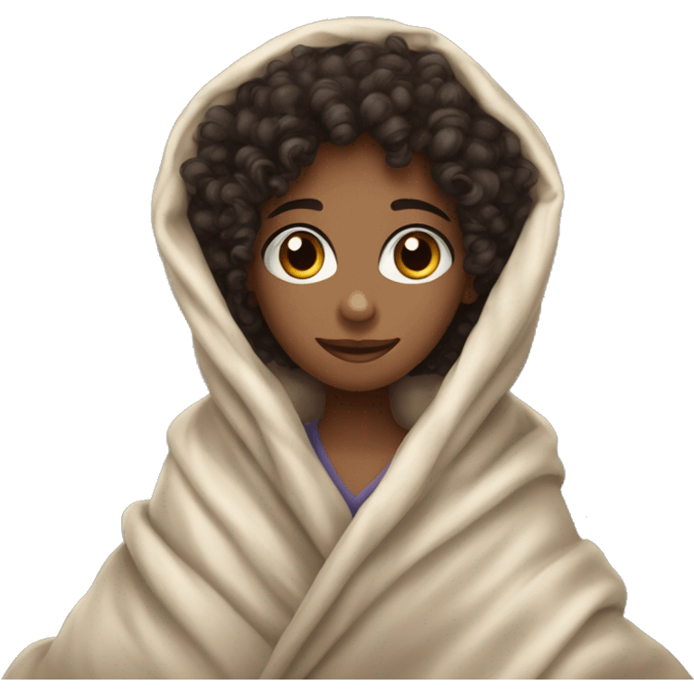 A curly-haired girl with dark hair is sitting wrapped in a blanket emoji