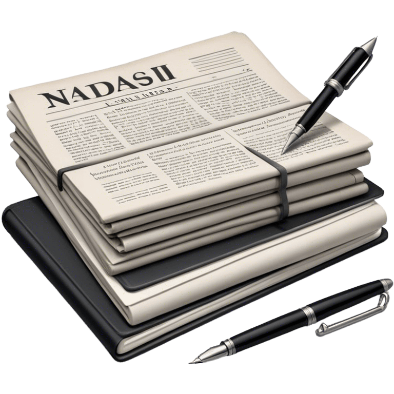 Create an emoji representing journalism and publicistic writing. The design should feature a stack of newspapers as the base, with an open working notebook placed on top of them. A single fountain pen should rest at the very top on the notebook, symbolizing the act of writing. Use neutral, professional colors like black, white, and muted tones to convey a sense of seriousness and intellect. Do not include any emojis or smiley faces. Make the background transparent. emoji